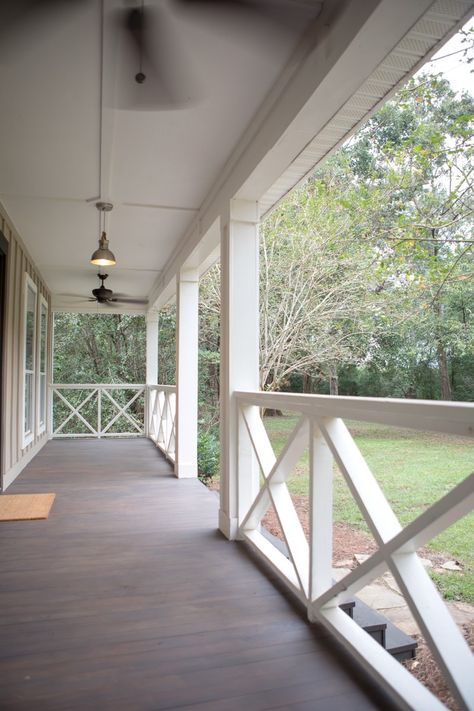 Cottage Style Porch Railings, X Railings Porch, Craftsman Style Front Porch Railings, Black And White Porch Railing, Front Porch Balustrade, Front Porch Railing Ideas Farmhouse Wood, Chip And Dale Porch Railing, Covered Front Porch With Railing, Cedar Porch Railing Ideas