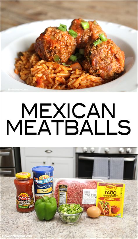 mexican meatball recipe. quick and easy dinner idea for the family! serve over spanish rice. so good! Mexican Meatballs, Salsa Salad, Mexican Appetizers, Rice Recipes For Dinner, Meatball Recipe, Spanish Rice, Quick And Easy Dinner, Easy Family Dinners, Dinner Idea