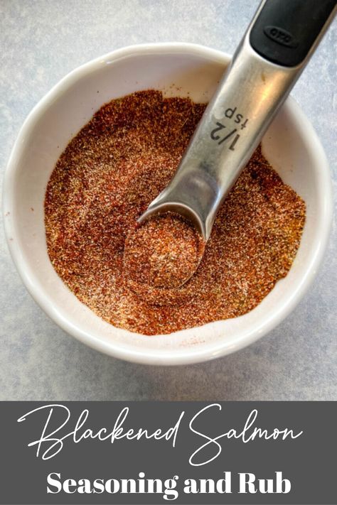 This Blackened Fish and Salmon Seasoning is a flavorful mixture of herbs and spices. The rub includes a combination of smoked paprika, thyme, oregano, garlic powder, onion powder, cayenne pepper, salt, and black pepper. Apply this blend to create a crispy, spicy crust on the outside of the fish while keeping the inside tender and moist. Tilapia Seasoning, Salmon Rub, Blackened Fish, Blacken Fish, Salmon Spices, Blackened Seasoning, Blackened Salmon, Burnt Food, Salmon Seasoning