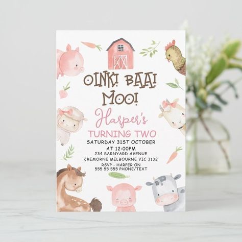 Farm Birthday Party Two, Pink Farm 2nd Birthday Party, Farm Birthday Invite, Aesthetic Farm Birthday, Moomoo Im Two Birthday, 2nd Birthday Party For Girl Farm Theme, Second Birthday Farm Theme Girl, 2nd Farm Birthday Party For Girl, Farm Theme Second Birthday Party