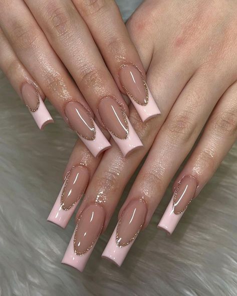 Pink French Tip With Gold Line, French Tip With Gold Line, Baby Pink Acrylics, Sparkly Acrylic Nails, French Acrylics, Baby Pink Nails, French Baby, White French Tip, Spring Nail Designs