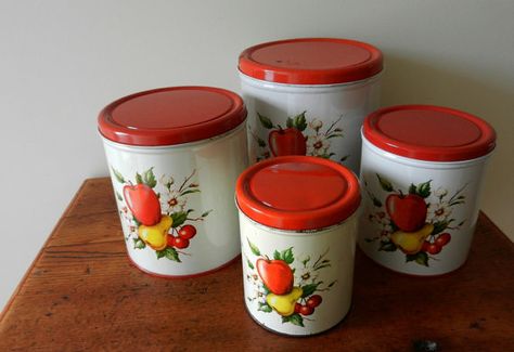 Set of Vintage Cannisters / Metal / by TheWellSeasonedNest on Etsy, $35.00 Tupperware Canisters, Vintage Canister Sets, Tin Kitchen, Kitchen Canister Set, Metal Canisters, Vintage Canisters, Kitschy Kitchen, Tin Canisters, Vintage Apple