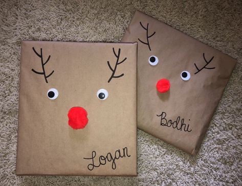 DIY Brown Wrapping Paper Idea, Christmas, Rudolph, Reindeer Rudolph Wrapping Ideas, Reindeer Christmas Packages, Reindeer Wrapped Presents, Reindeer Wrapping Ideas Brown Paper, Reindeer Gift Bags Brown Paper, Reindeer Wrapping Paper, Homemade Gift Bags, Reindeer Gifts, Gift Wrap Tags