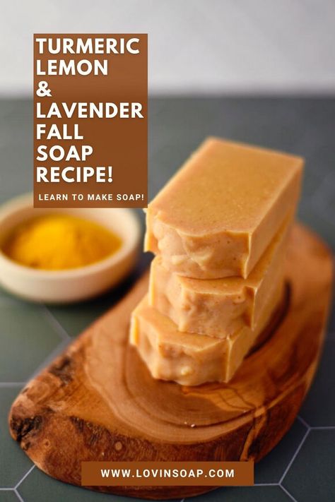 Learn how to make this Turmeric, Lemon & Lavender soap recipe on the blog! If you're a fan of vibrant colors, you'll love what turmeric brings to cold process soap. It's one of my favorite natural colorants and gives your bars a gorgeous orange hue - perfect for embracing the fall season. Now imagine the radiant glow of turmeric, the invigorating zing of lemon, and the calming embrace of lavender - all combined into one luxurious soap! Intrigued? Get ready to spice up your fall soapmaking! Lavender Soap Recipe, Fall Soap Recipes, Natural Soaps Recipes, Natural Colorants, Handmade Lavender Soap, Fall Soaps, Diy Soap Recipe, Cold Process Soap Recipes, Handmade Soap Recipes