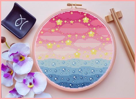 Pastel Cross Stitch Pattern, Sky Cross Stitch, Environment Cross Stitch, Anime Cross Stitch, Japan Cross Stitch, Kawaii, Counted, PDF Kawaii Cross Stitch Pattern Free, Cross Stitch Background, Pastel Cross Stitch Pattern, Cool Cross Stitch Patterns, Small Kawaii Cross Stitch, Cross Stitch Anime, Free Rainbow Cross Stitch Patterns, Cross Stitch Patterns Rainbow, Sky Cross Stitch