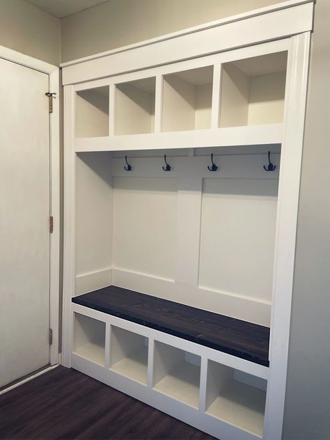 Lockers In Closet, Entry Way Locker Closet, School Lockers Hallway, Closet Locker Ideas, Mud Room Closet Conversion, Closet Converted To Mudroom, Hall Closet Shelving Ideas, Entry Closet Mudroom, Coat Closet Mudroom