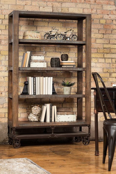 Industrial bookshelf. Urban Industrial Decor, Living Room Rustic, Rustic Decorating, Rustic Industrial Decor, Vintage Industrial Decor, Industrial Design Furniture, Industrial Living, Industrial Livingroom, Vintage Industrial Furniture