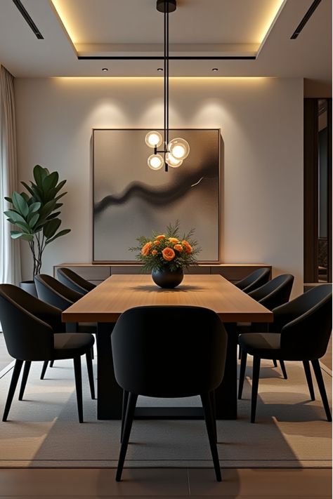 Sleek dining room with wooden table and black chairs Living Dining Interior Design, Dining Set Up Ideas, Modern Accent Wall Dining Room, Open Dining Room Design, Dinning Room Ideas Dark Brown Table, Ideas For Formal Dining Room Space, Dinning Room Ideas Modern Minimalist, Modern Dinning Ideas, Modern Kitchen Dining Room Combo