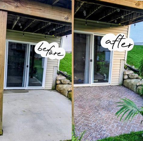 Faux Brick Patio, Painted Cement Patio, Laying Brick, Brick Stencil, Painted Porch, Herringbone Brick, Paint Concrete Patio, Brick Porch, Concrete Patio Makeover