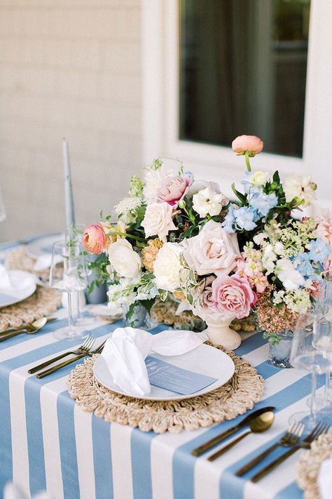 Blue and White Cabana Stripe Tablecloths for a Preppy Coastal New England Wedding Table with Pastel Centerpiece Flowersa Pinks And Blue Wedding, Bermuda Wedding, Walton House, Bridgerton Wedding, New England Summer, Coastal New England, Dusty Orange, England Summer, Planning Business