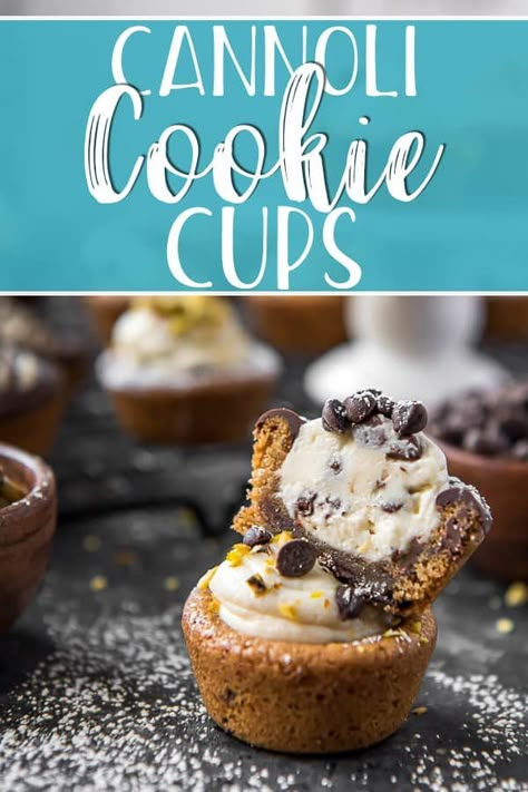 When you can't decide between cookies or something a little fancy, these cute Cannoli Cookie Cups are the answer! Chewy, bite-sized chocolate chip cookie cups are filled with classic cannoli cream, then sprinkled with your favorite garnishes. Canola Cookies, Cannoli Cookie Cups, Cannoli Cookie, Cannoli Cookies Recipe, Chocolate Chip Cannoli, Cannoli Cookies, Cannoli Dip Recipe, Cup Recipes, Chocolate Chip Cookie Cups