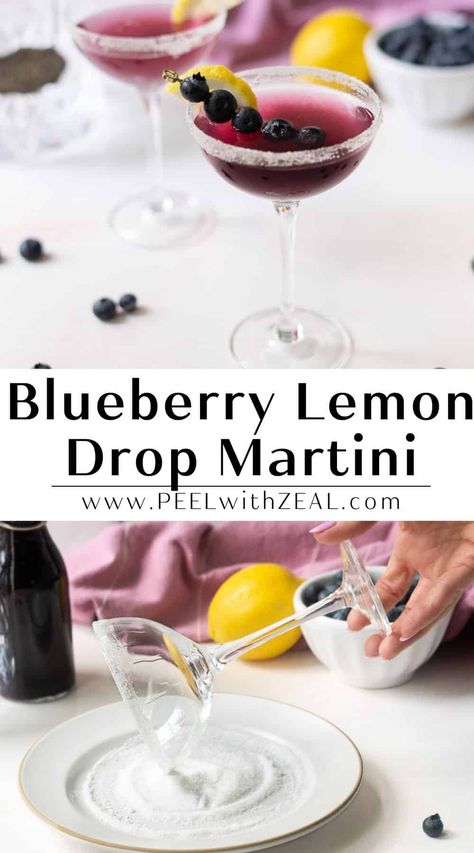 This refreshing blueberry lemon drop martini is sweet, tart, and oh-so delicious! Made with fresh blueberries, lemons, and vodka, for the perfect summer cocktail ready in 20 minutes. Lemon Drop Cocktail Recipe, Lemon Blueberry Cocktail, Blueberry Lemon Drop, Blue Lemon Drop, Blueberry Lemon Cocktail Recipes, Blueberry Vodka Drinks, Blueberry Lemon Drop Martini, Blackberry Lemon Drop Martini, Blue Lemon Drop Martini