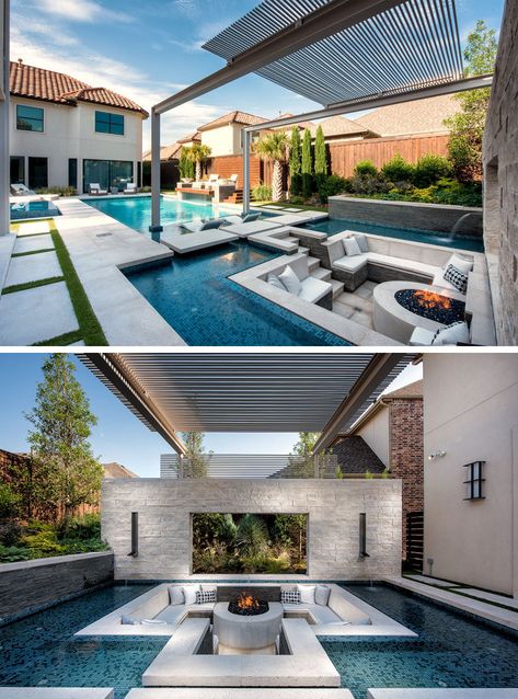 This modern and luxurious swimming pool has a spa with a fireplace, a sunken lounge with a firepit, a cantilevered deck, and floating stepper pads. #SwimmingPool #PoolDesign #LandscapingIdeas #PoolIdeas Cantilevered Deck, Sunken Kitchen, Sunken Lounge, Dream Building, Moderne Pools, Luxurious Resort, Luxury Mansions Interior, Luxury Swimming Pools, Pools Backyard