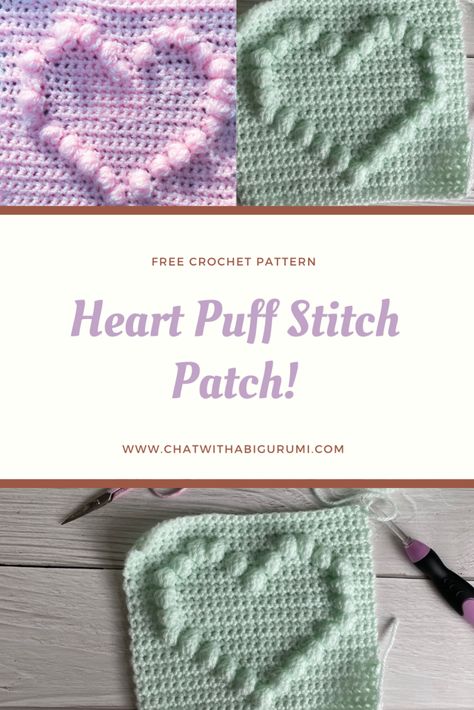 Heart Puff Stitch Free Crochet Pattern – Abigurumii Heart Blanket Crochet Pattern, Bobble Stitch Crochet Blanket, Popcorn Stitch Crochet, Crocheted Hearts, Crochet Granny Square Pattern, Crochet Heart Blanket, Puff Stitch Crochet, Bobble Stitch Crochet, Easy Puff