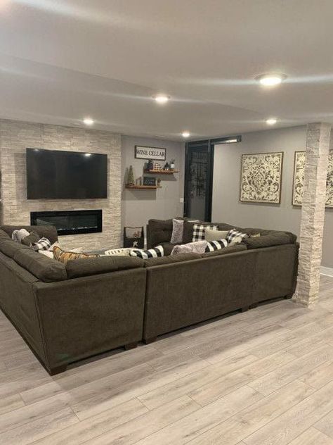 home decor inspiration. Cozy Basement Ideas Rustic Modern, Small Finished Basements, Transitional Basement, Gray Basement, Basement Finish, Contemporary Basement, Dream Basement, Basement Furniture, Rustic Basement