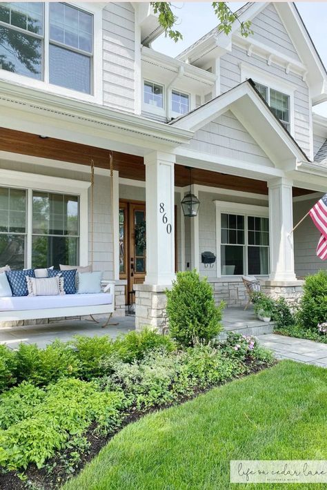 Spruce up your home's curb appeal with these inspiring summer front porch and yard decor ideas! Add pops of color, stylish furniture, and seasonal accents to create a welcoming outdoor retreat. Traditional Front Porch, Yard Decor Ideas, Life On Cedar Lane, Interior Design Styles Quiz, Design Style Quiz, Summer Front Porches, Industrial Interior Design, Traditional Interior Design, Front Porch Decor