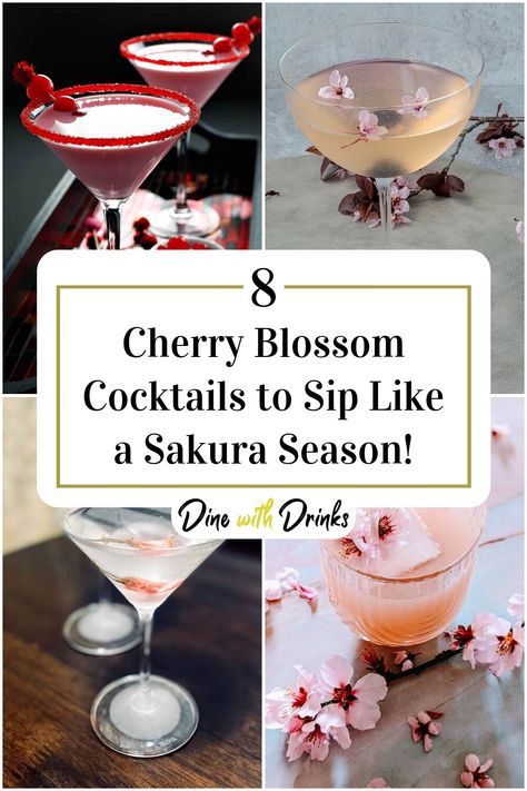 Collage of 4 cherry blossom cocktails. Cherry Blossom Drink Cocktails, Cherry Blossom Cocktail Recipe, Sakura Cocktail, Cherry Blossom Drink, Cherry Blossom Cocktail, Hibachi Party, Taste Of Cherry, Soju Cocktail, Happy Hour At Home