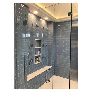 Winnetka - Transitional - Bathroom - Boston - by Villalona Design | Houzz Dual Shower Heads Master Baths, Double Shower Ideas, Walk In Shower Dimensions, Double Shower Head Master Baths, Transitional Bathroom Design, Shower Renovation, Bathroom Transformation, Home Hall Design, Double Shower