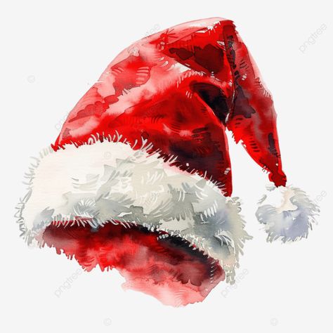 Christmas Hat Painting, Watercolor Santa Hat, Santa Watercolor Painting, Santa Hat Painting, Santa Hat Png, Watercolor Santa, Canvas Painting Projects, Santa Cap, Kalamkari Blouse