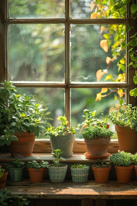 Window Sill Plants, Interior Window Sill, Indoor Plant Ideas, Easy Indoor Plants, Window Sill Decor, Pots Diy, Windowsill Garden, Plant Window, Painted Pots Diy