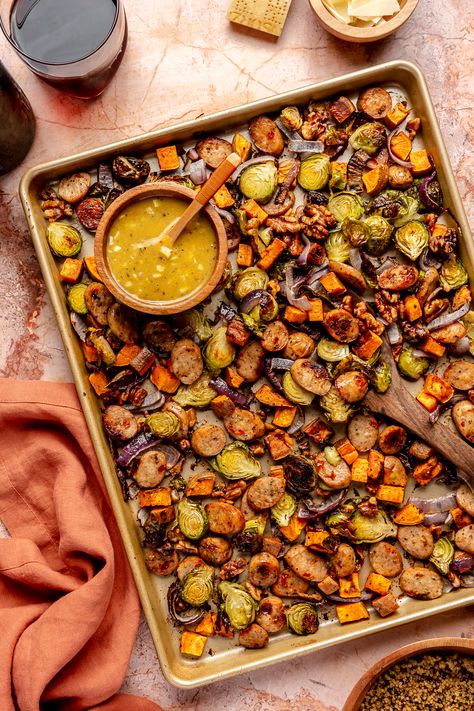 Fall Veggie Sheet Pan Dinner with Maple Mustard Sauce - Brocc Your Body Maple Mustard Sauce, Veggie Sheet Pan, Brocc Your Body, Lighter Meals, Fit Meals, Katie Austin, Fall Dinners, Fall Goodies, Fall Veggies