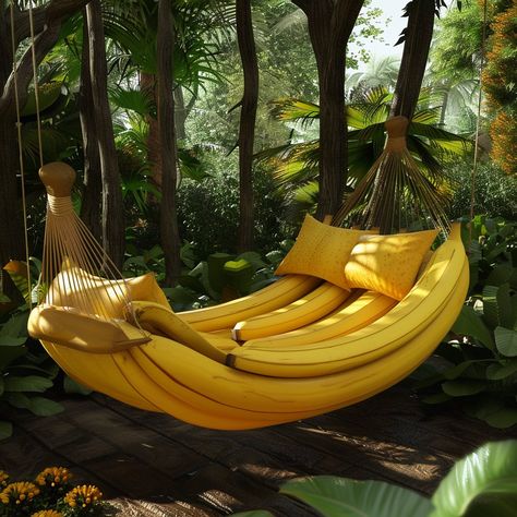 Introducing the “Banana Bliss Hammock” – a vibrant yellow haven for ultimate relaxation. Inspired by the curved shape of bananas, it cradles your body for unmatched comfort. Hang it up, and swing into tropical bliss! Conceptual AI Art Follow @ecosapiens for more! Banana Furniture, Banana Bed For Cats, Banana Hammock Mens, Green Banana Run Down, Banana Hammock, Bananas, Hammock, Relaxation, House Ideas