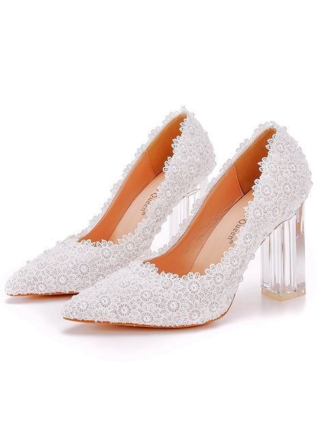 Women's Leatherette With Lace Closed Toe Chunky Heel Wedding Shoes White Wedding Party, Wedding Toes, Wedding Party Shoes, Transparent Heels, High Low Prom Dresses, Heels Dress, High Heel Dress, White Wedding Shoes, Wedding Dresses With Flowers