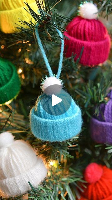 Yarn And Toilet Paper Roll Hats, Mini Yarn Hats Christmas Ornament, Toilet Paper Roll Hats, Yarn Hats With Toilet Paper Rolls, Yarn Gnomes With Toilet Paper Roll, Christmas Hat Decorations Craft Ideas, Yarn Hat Ornaments, One Little Project, Hat Ornaments