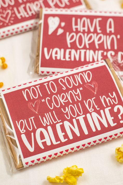 Valentines Class Treats, Diy Valentine's Gifts For Kids, Non Candy Valentines, Corny Valentines, Popcorn Valentine, Valentines Day Care Package, Free Printable Valentines, Valentines Diy Kids, Candy Valentines