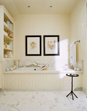 Cream Bathroom  In a small bathroom, a built-in bathtub and cream beadboard walls help the room look charming and inviting. Designed by Barbara Westbrook. Featured in April 2007 Cottage Bathroom Inspiration, Colorful Bathrooms, Beadboard Bathroom, Traditional Bathroom Designs, Traditional Bathrooms, Timeless Bathroom, Best Bathroom Designs, Cottage Bathroom, Up House