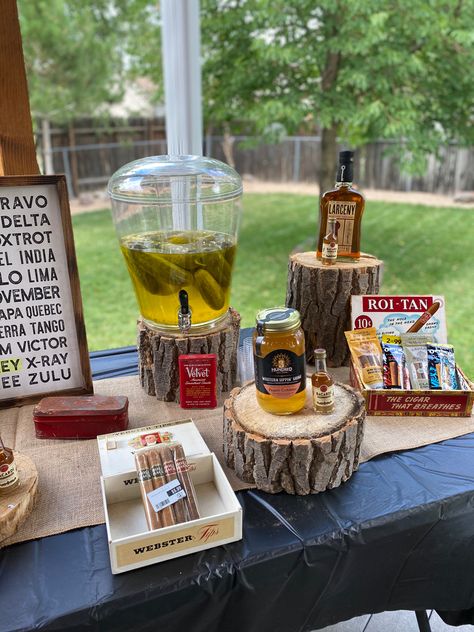 Whiskey And Wings Party, Mens Beer Birthday Party, Gentlemen Themed Birthday Party, Whiskey Party Centerpieces, Whiskey Bar Birthday Party, Cigars And Whiskey Party Decorations, Masculine Birthday Decor, Whiskey Themed 40th Birthday Party, Whisky Themed Birthday Party