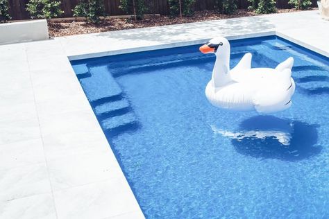 This fiberglass pool cleans itself. My pool came with a Vantage self-cleaning system. In-floor nozzles pop up and flush water around the pool pushing all the leaves and debris towards an in-floor drain in the deep-end. This drain sends the debris into large leaf baskets which you empty maybe once a month (and it takes all of 30sec). Fibreglass Pool Coping Tiles, Fibreglass Pool, Coping Tiles, Concrete Pools, Santorini House, Outdoor Pavers, Fiberglass Pool, Happy Australia Day, Three Birds Renovations