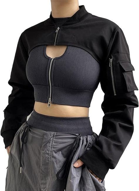 Amazon.com: Ypser Reflective Rave Top Crop Top Shrug Techwear Shirt Rave Outfits For Women Black : Clothing, Shoes & Jewelry Moda Safari, Short Black Jacket, Womens Cropped Jacket, Cropped Black Jacket, Jacket Outfit Women, Asymmetric Jacket, Outfits Streetwear, Safari Style, Casual Vest