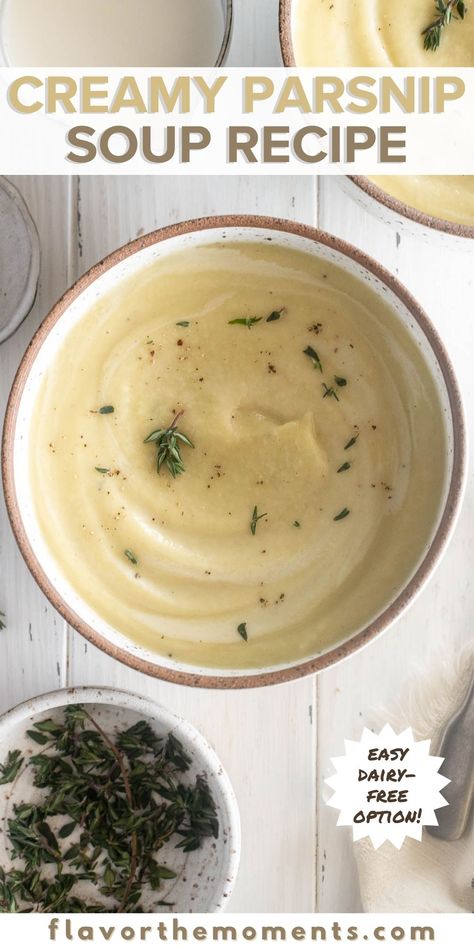 This Parsnip Soup is creamy and flavorful with a velvety smooth texture that you'll adore! It's so easy to make, it's freezer friendly and the recipe includes a dairy-free, vegan option! #glutenfree #parsnips #soup Parsnips Soup, Roasted Carrots And Parsnips, Parsnip Puree, Cheesy Potato Soup, Parsnip Soup, Healthy Vegetarian Dinner, Zucchini Soup, Pot Dinners, One Pot Pasta Recipes