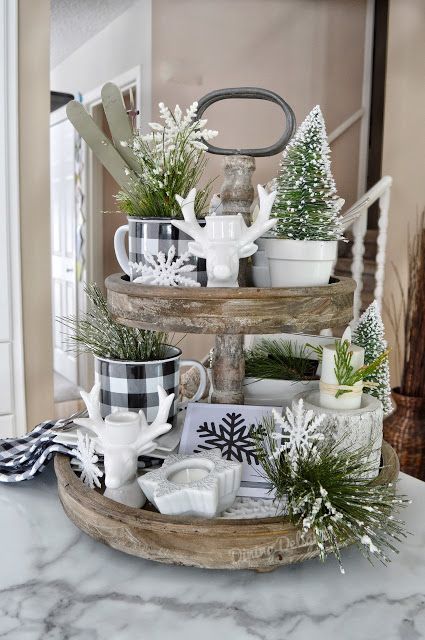 Dining Delight: Winter Tiered Tray Decor Three Tiered Tray, Winter Tiered Tray Decor, Dorms Decor, Tray Decor Christmas, Indoor Christmas Decorations, Tiered Trays, Indoor Christmas, Winter Home Decor, Farmhouse Christmas Decor