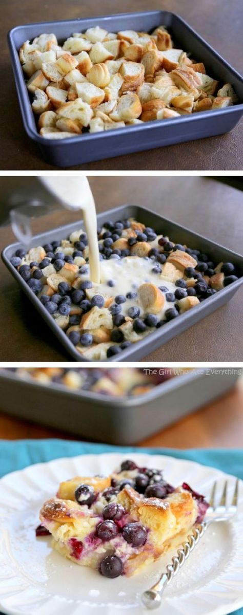 Blueberry Croissant Puff | Croissant pieces and blueberries all held together with a cream cheese mixture! Might work great for Easter! Blueberry Croissant Puff, Blueberry Croissant, Puding Roti, Overnight Breakfast, Blueberry Recipes, God Mat, Breakfast Treats, Baby Sprinkle, Breakfast Dishes