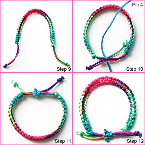 How to Braid a Knotted Friendship Bracelet with Rainbow Thread and Crystal Beads Fun Crafts For Girls, Braided Friendship Bracelet, How To Braid, String Bracelet Patterns, Macrame Bracelet Diy, Knotted Bracelet, Friendship Bracelet Patterns Easy, Friendship Bracelets With Beads, Jewelry Knots