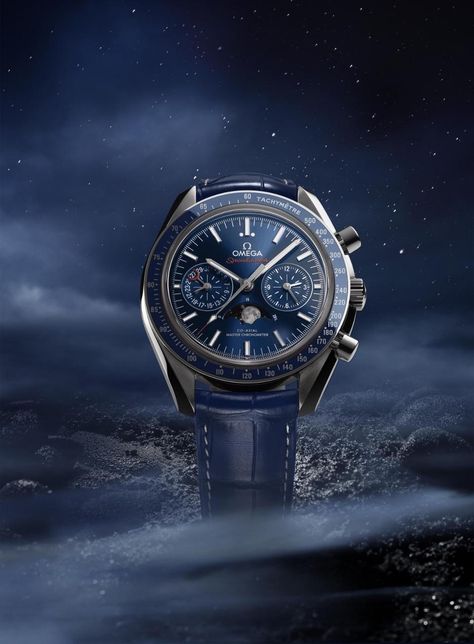 The Omega Speedmaster Moonphase features a stunning realistic moon phase against the background of a blue dial and ceramic bezel Moonphase Watch, Watch Image, Omega Man, Omega Speedmaster Moonwatch, Moon Watch, Blue Watches, Omega Speedmaster, Beautiful Watches, Luxury Watches For Men