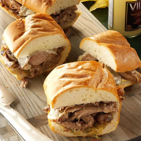 Cubano Pork Sandwiches Recipe -When a hungry crowd’s coming over, we plan a day ahead to make our juicy pork sandwiches. I call the sauce Mojo because it’s loaded with zingy flavors.—Theresa Yardas, Sheridan, Indiana Crockpot Sandwiches, Cubano Recipe, Pork Sandwich Recipes, Barbecue Sandwiches, Cooking Projects, Pork Sandwiches, Crockpot Dinners, Chicken With Olives, Crockpot Cooking