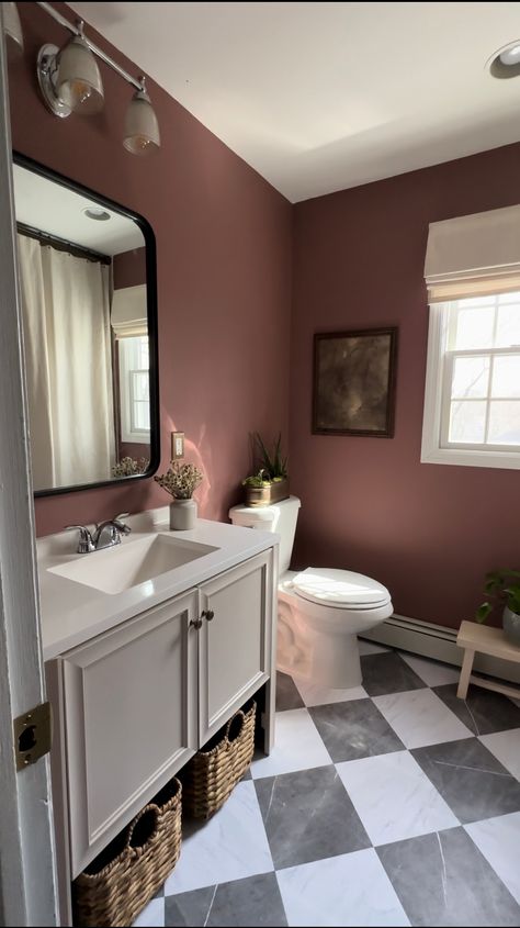 when I found these peel and stick tiles Grey And Red Bathroom Ideas, Gray And Burgundy Bathroom Ideas, Bathroom Colored Walls, Cinnamon Slate Bathroom, Rose Color Bathroom, Red And Cream Bathroom, Maroon Bathroom Vanity, Half Bath Dark Walls, Maroon Bathroom Decor