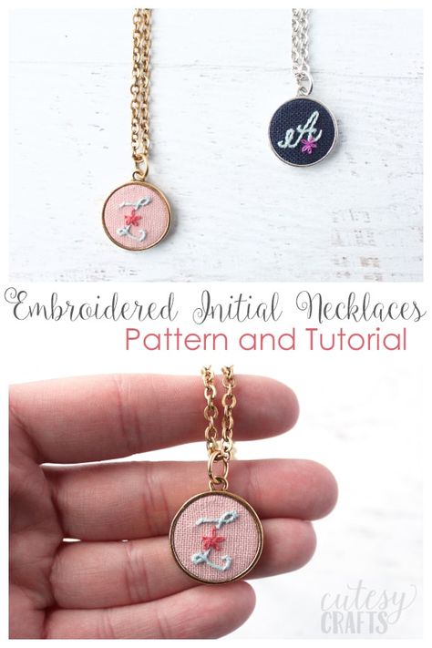 Embroidered Jewelry Handmade, Mini Embroidery Hoop Ideas, Initial Embroidery Letters, Tiny Embroidery Ideas, Embroidered Gift Ideas, Embroider Initials, Diy Initial Necklace, Tiny Embroidery, Hand Embroidered Necklace