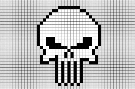 The Punisher is probably best known as the Marvel superhero who shoots everyone in the face, mostly due to his penchant for shooting everyone in the face. #punisherskull #punisher #black #daredevil #thepunisher #vengance #dark #8bit #pixelart #pixel Skull Pixel Art, Crochet Skull Patterns, Perler Bead Mario, Punisher Logo, Crochet Skull, Punisher Skull, Easy Pixel Art, 8bit Art, Pixel Art Templates