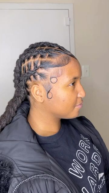 Corn Rows On Locs, Locs Two Braids, Feed In Braids On Locs, Locs Straight Back, Straight Backs On Locs, Locs In Cornrows, Loc Cornrows With Added Hair, Loc Bob On Short Locs, Cornrow Locs Black Women