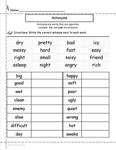 Antonyms Worksheet by Pear Tree Academy | TPT Antonyms Activities, Opposites Worksheet, Antonyms Worksheet, Teaching Reading Skills, Spelling Homework, Kids Handwriting Practice, Homework Worksheets, Printable Alphabet Worksheets, Kindergarten Phonics Worksheets