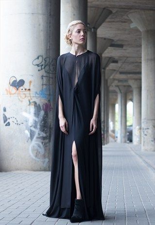 Black cape dress | Bastet Noir | ASOS Marketplace Black Cape Dress, Plunging Neckline Dress, Silk Cape, Crop Top With Jeans, Black Cape, Bespoke Fashion, Cape Dress, Black Maxi, Every Girl