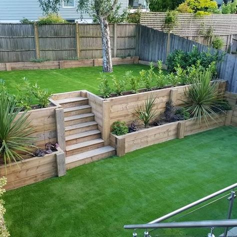 Sleepers Garden Ideas, Steps On A Slope, Sleepers Garden, Sleeper Steps, Steps Garden, Sleepers In Garden, Oak Sleepers, Backyard Retaining Walls, Sloped Backyard Landscaping