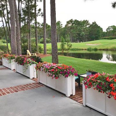 Patio Flower Boxes, Planters Around Pool, Long Front Porch Decorating Ideas, Long Front Porch, Planter Boxes Flowers, Tall Planter Boxes, Large Planter Boxes, Rectangular Planter Box, Front Porch Decorating Ideas