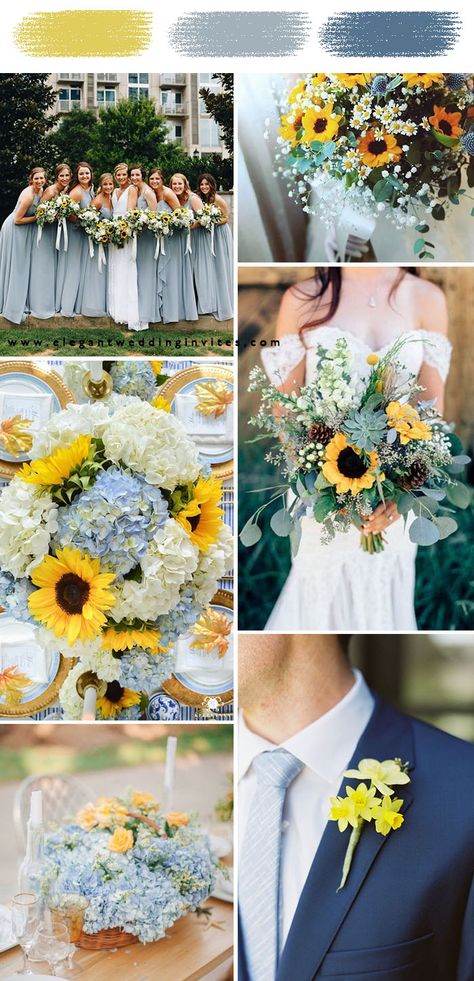 light blue and sunflower yellow spring and summer wedding colors Sunflower Wedding Theme, Wedding Nuptials, Blue Sunflower Wedding, Wedding Theme Color Schemes, Wedding Color Schemes Spring, Yellow Wedding Theme, Sunflower Themed Wedding, Spring Wedding Colors, Blue Themed Wedding