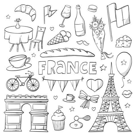 France doodles collection, monochrome clip art, cartoon elements for coloring books, cards, posters, prints, etc. EPS 10 French Coloring Pages, France Doodles, French Doodle, Girly Doodles, For Coloring, France Craft, France Illustration, Elementary History, Cartoon Elements