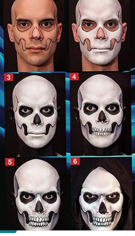 How To Paint A Skull On Your Face, Halloween Sfx Makeup Easy, Halloween Mask Painting, Under Painting Techniques Makeup, Halloween Makeup Looks 2023, Men Face Paint Halloween, Skull Makeup Step By Step, Easy Face Paint Halloween, Halloween Face Makeup For Kids